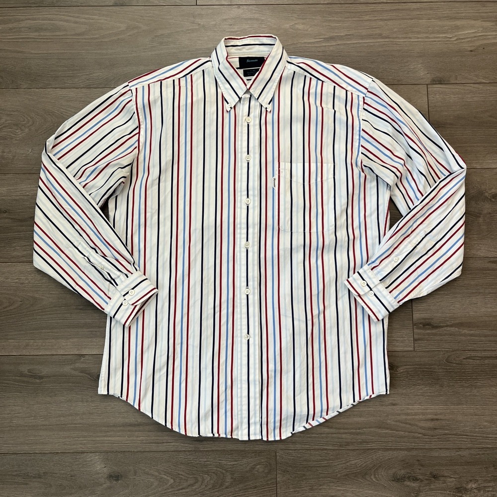 Faconnable Mens L Tall Long Sleeve Button Up Shirt White Blue Red Stripes